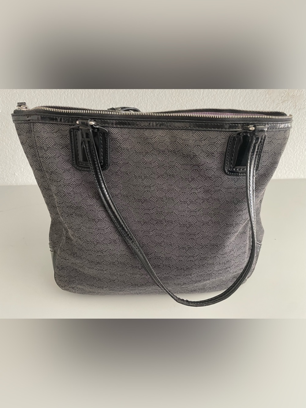 Gray Patterned Coach Tote Bag with Black Trim(broken close top zipper)